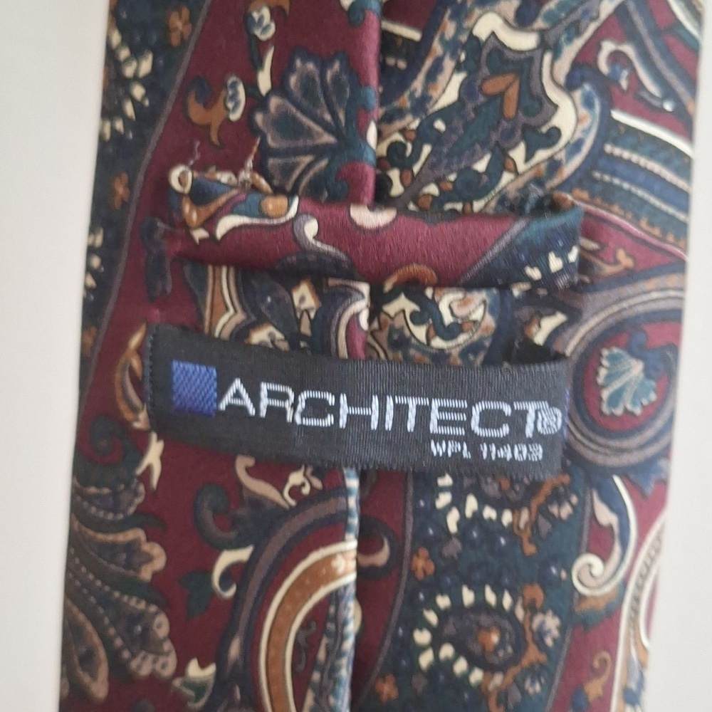 Architect 100% Silk Paisley Necktie Made in Italy | Vintage Burgundy & Blue - Picture 4 of 8